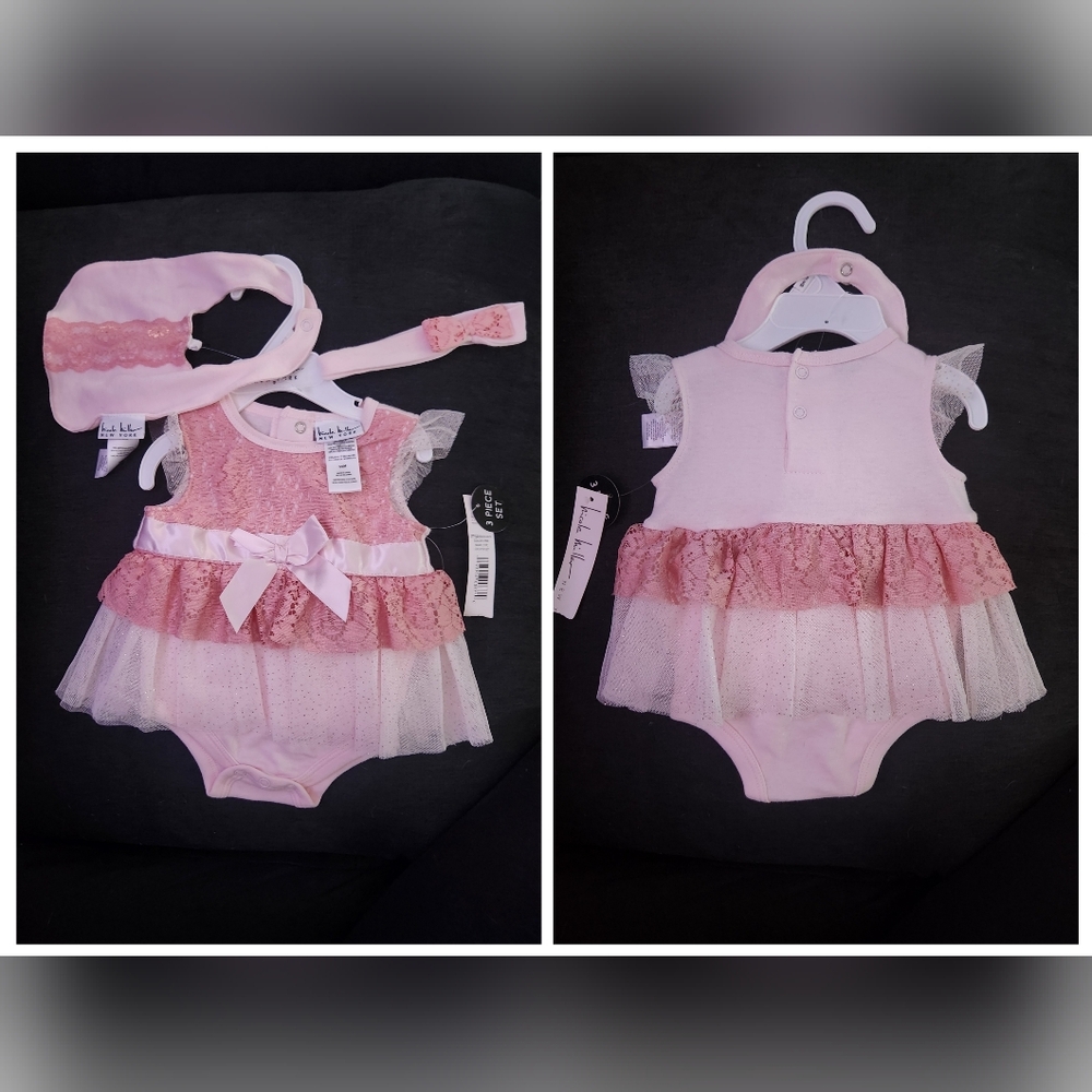 Nicole Miller 3 Pc Onesie With Tulle Skirt Detailing,bib & Matching Headband